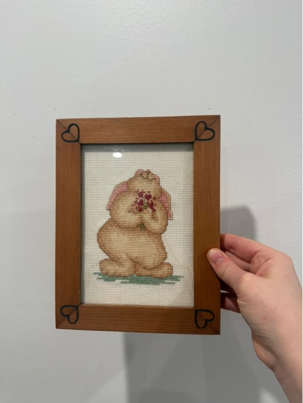 Vintage 1991 Handmade Bunny Rabbit Cross Stitch Framed Wall Art